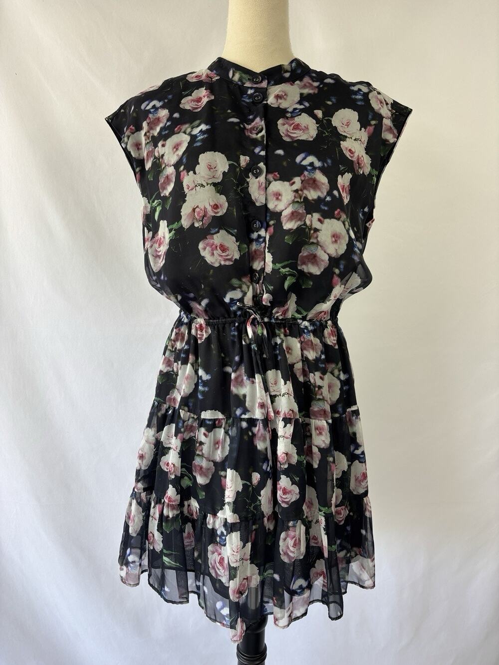 Rebecca Minkoff Shirt Dress Black Floral Medium Mini Sleeveless Drawstring Waist